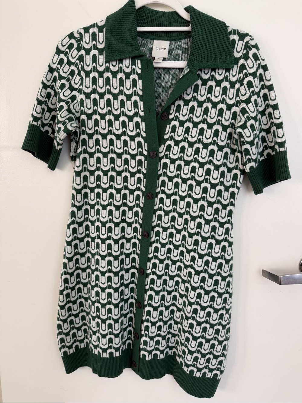 Maeve Anthropologie Green Cream Geometric Knit Button Front Polo Mini Dress M